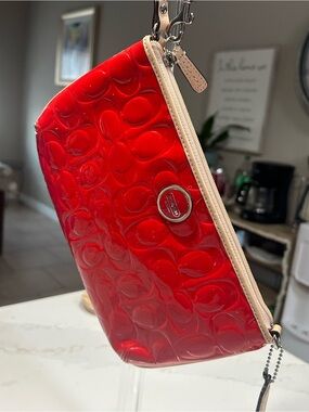 Coach Red Patent Wristlet with Beige Trim